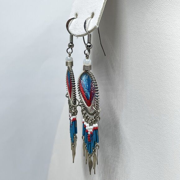 Cute Southwestern Silvertone Blue White Red Beaded Dangle Dream Catcher Earrings - Picture 4 of 6